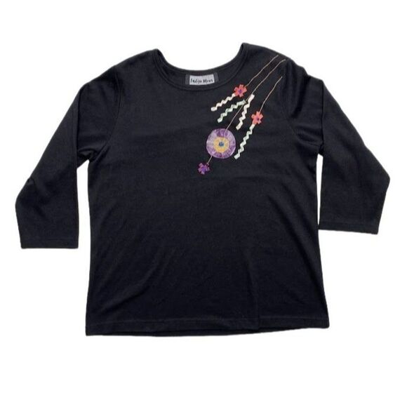 INDIGO‎ MOON Black Crew Neck Embellished Ribbon Flowers Top Medium NEW - Picture 2 of 7